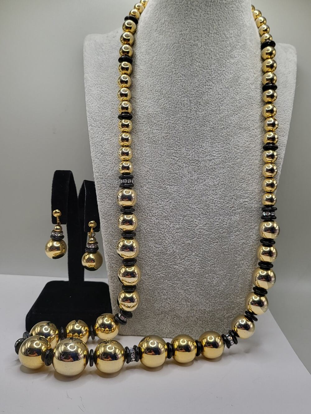 1980's Vintage Gold Tone Statement Necklace and Earring Set,  Black Accents